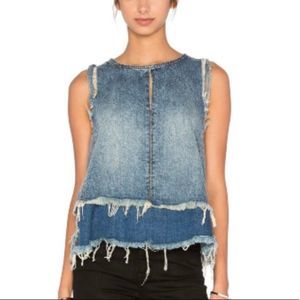 BLANK NYC distressed denim layered cutoff keyhole neck tank